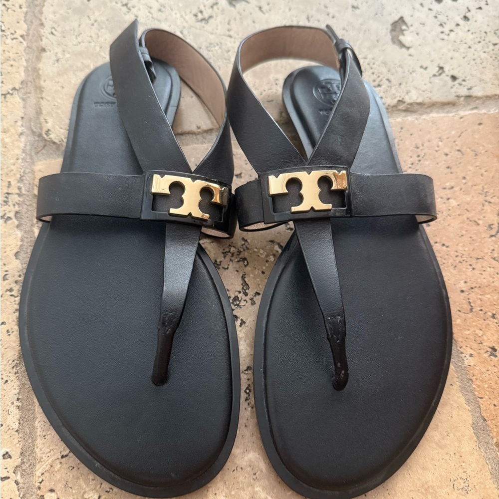 Tory Burch Black Sandals with Gold Emblem - Never Worn, Brand New